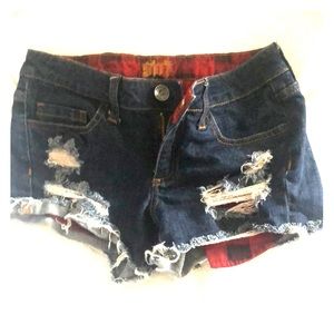 Sneak Peak dark jean shorts red plaid